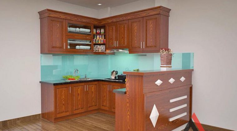 Tủ bếp gỗ xoan đào kết hợp kính bếp màu trắng xanh trẻ trung, sang trọng
