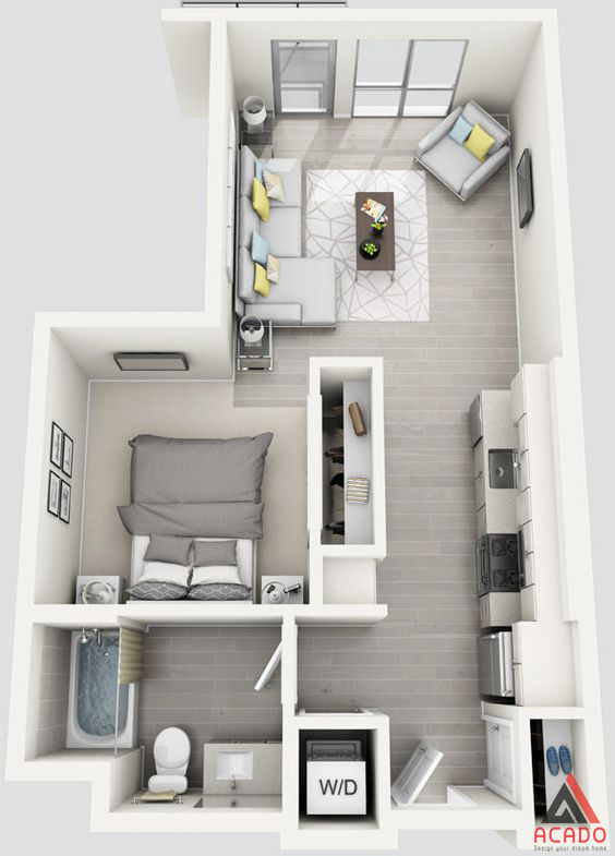 Thiết kế chung cư nhỏ 1 phòng ngủ