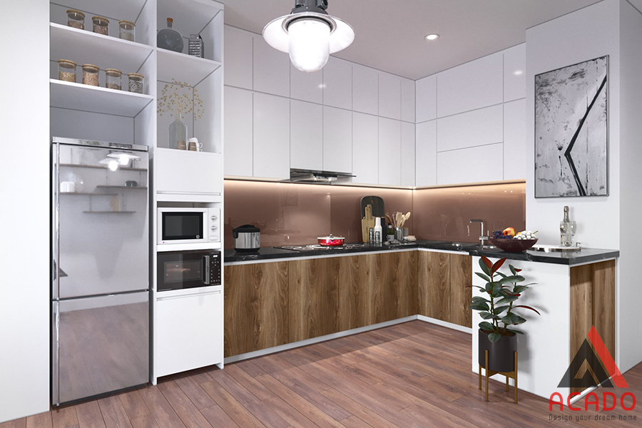 Tủ bếp gỗ công nghiệp kết hợp giữa màu và vân gỗ