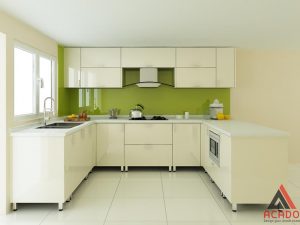 Tủ bếp Acrylic hình chữ U tone xanh trắng