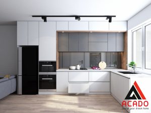 Tủ bếp Acrylic màu trắng kết hợp với màu ghi tạo điểm nhấn