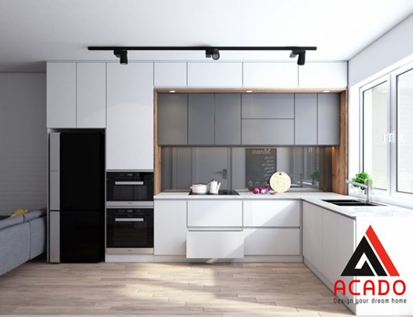 Tủ bếp Acrylic màu trắng kết hợp với màu ghi tạo điểm nhấn