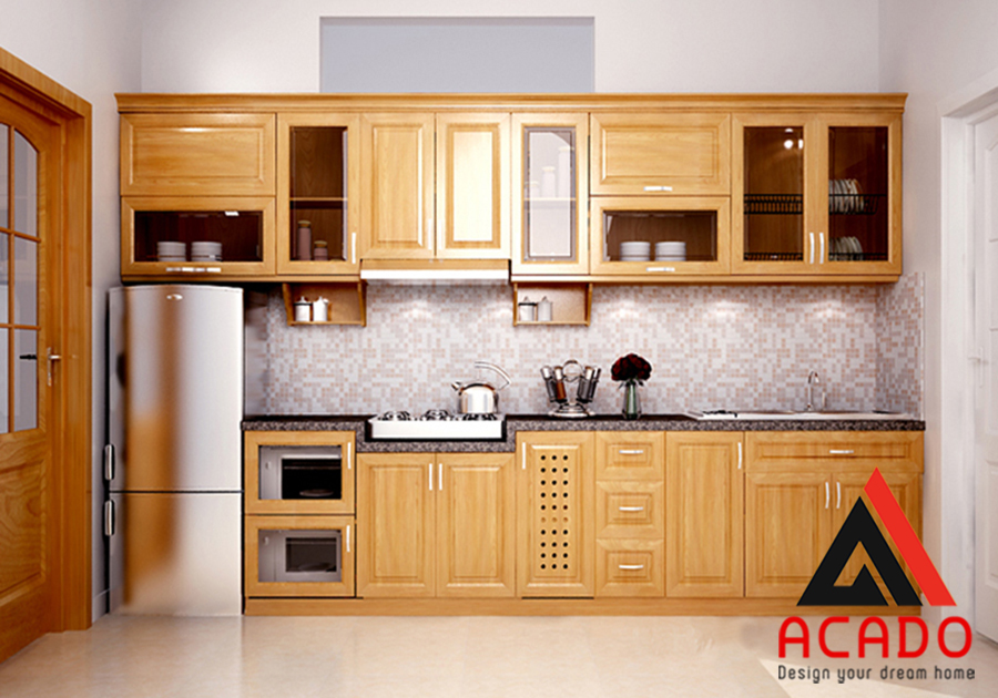 Mẫu tủ bếp gỗ sồi chữ i màu váng sáng đem lại cho căn bếp nhà bạn sự hiện đại và sang trọng