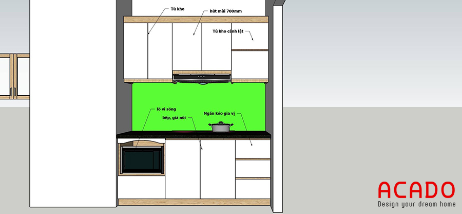 Phương án thiết kế tủ bếp vế bếp ăn dài 1,7m