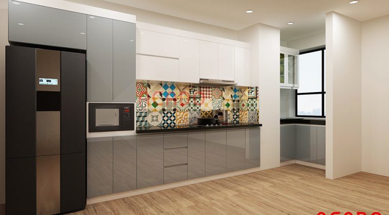 Tủ bếp Acrylic màu trắng ghi bóng gương dễ dàng vệ sinh lau chùi