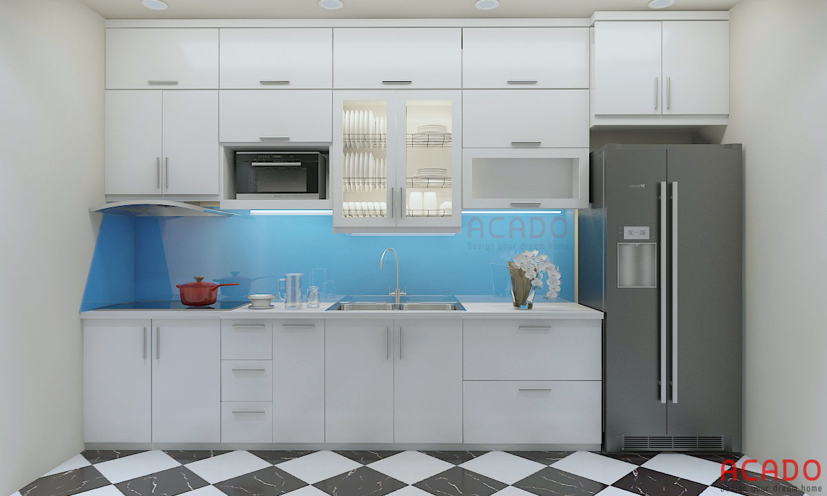 Mẫu tủ bếp Acrylic hình chữ i màu trắng đóng kịch trần tối ưu không gian sử dụng