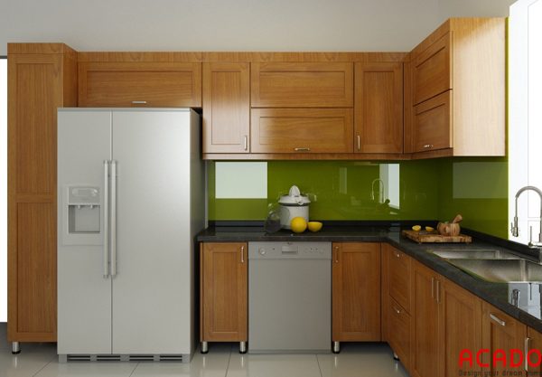 Mẫu tủ hình chữ L gỗ sồi Mỹ tối ưu không gian sử dụng phòng bếp