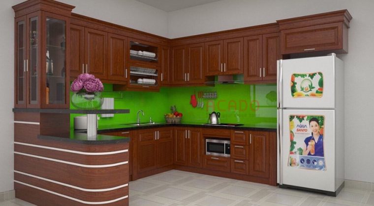 Mẫu tủ bếp gỗ xoan đào hình chữ U có quầy bar phù hợp với không gian bếp rộng rãi