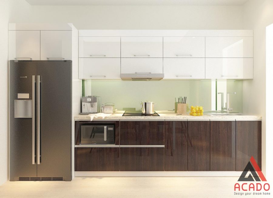 Sự kết hợp màu vân gỗ sáng bóng của Acrylic và màu trắng sứ hiện đại phía trên tạo ra không gian bếp sang trọng hiện đại