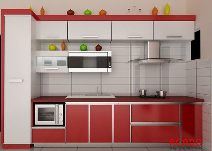 Tủ bếp chữ i làm từ chất liệu Acrylic màu đỏ và trắng thể hiện cá tính của chủ nhà