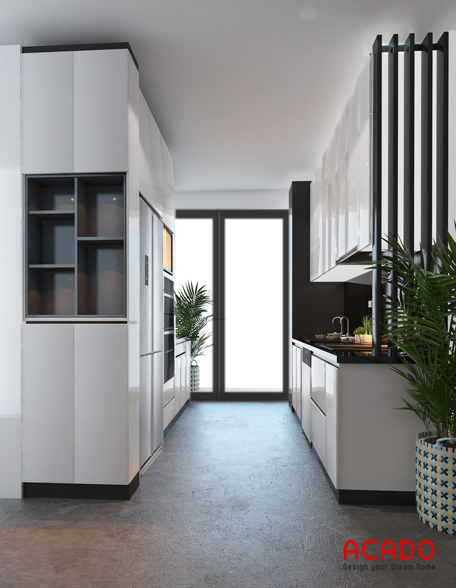 Mẫu tủ bếp Melamine dáng đối xứng rất thích hợp với các căn hộ chung cư