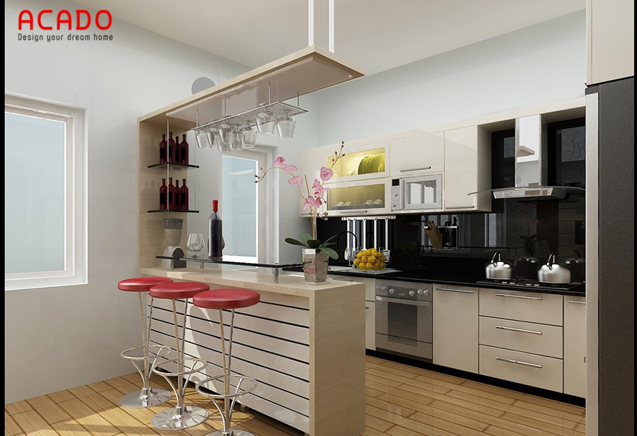 Tủ bếp gỗ công nghiệp thiết kế kết hợp quầy bar tận dụng tối đa diện tích cho không gian phòng bếp nhỏ