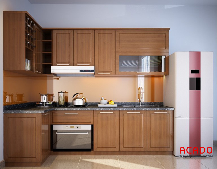 Mẫu tủ bếp gỗ sồi Mỹ nhỏ gọn nhưng đầy đủ công năng