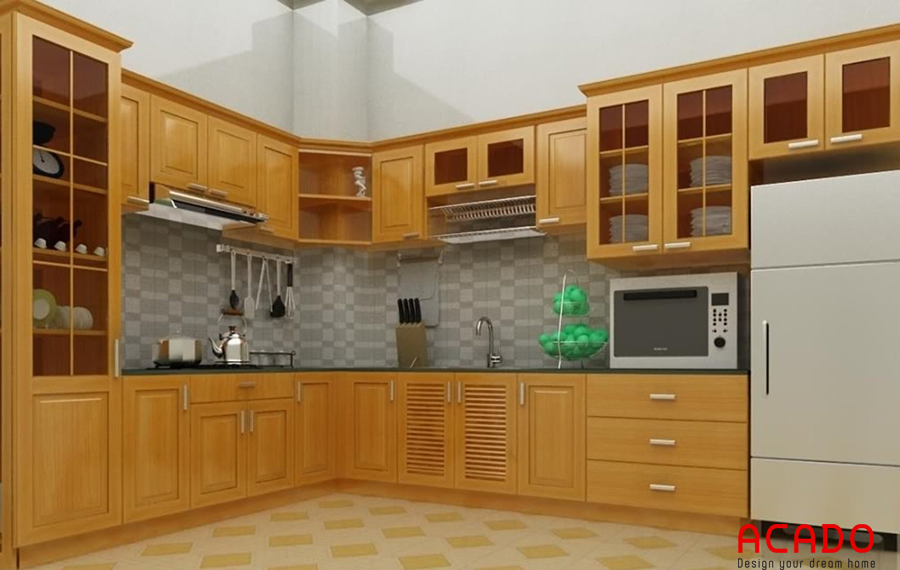 Mẫu tủ bếp gỗ sồi Mỹ hình chữ L tận dụng không gian góc của phòng bếp
