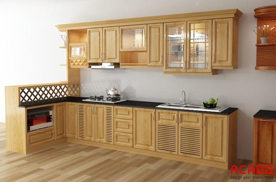 Mẫu tủ bếp gỗ sồi nga tủ trên chữ i kết hợp với tủ dưới chữ L tạo cảm giác sạch sẽ, ngăn lắp cho căn bếp