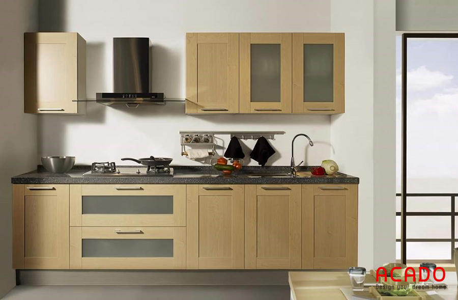 Tủ bếp Melamine được thiết kế kiểu chữ i thông minh tiết kiệm diện tích nhưng vẫn đầy đủ công năng