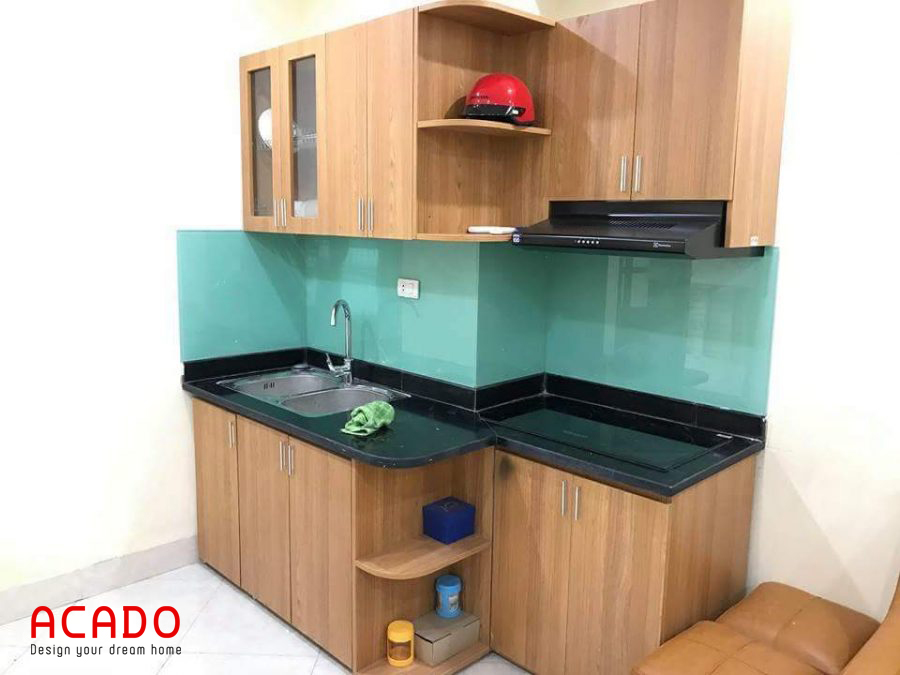 Tủ bếp melamine vân gỗ hình chữ i cho căn hộ chung cư có diện tích bếp nhỏ