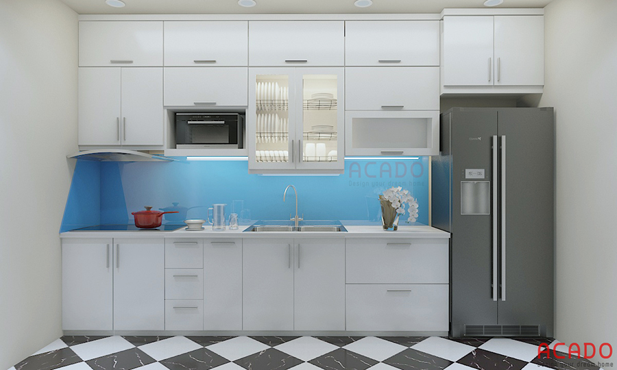 Mẫu tủ bếp Picomat hình chữ i màu trắng đóng kịch trần thích hợp với không gian bếp nhỏ hẹp
