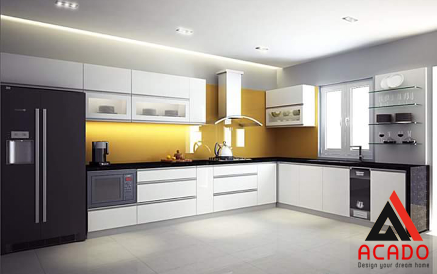 Tủ bếp picomat được thiết kế theo hình chữ L đem lại không gian bếp thoải mái và tiện nghi khi sử dụng