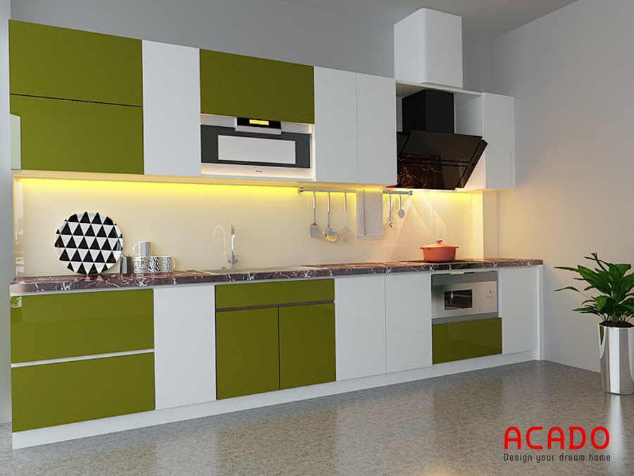 Tủ bếp picomat hình chữ i màu trắng-xanh với thiết kế thông minh đầy đủ tiện nghi