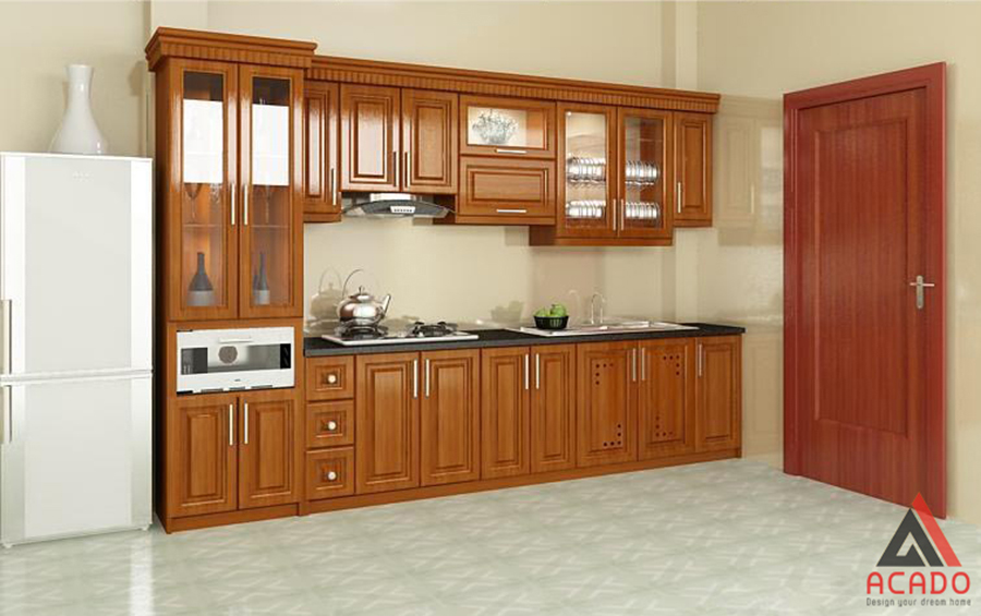 Mẫu thiết kế tủ bếp gỗ xoan đào hình chữ i đơn giản, sang trọng và tiện nghi