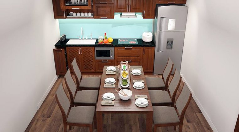 Nhà bếp gỗ tự nhiên với thiết kế tối giản nhưng vẫn mang lại không gian bếp sang trọng, ấm cúng