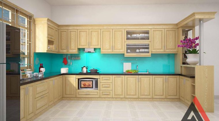 Với không gian bếp rộng thì mẫu tủ bếp hình chữ U gỗ sồi Nga là lựa chọn hoàn hảo