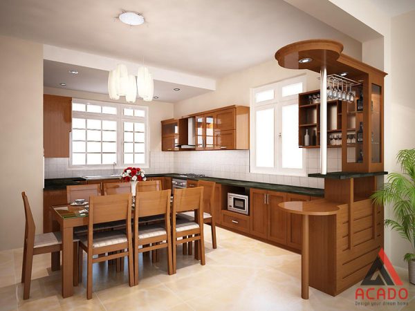 Mẫu tủ bếp gỗ sồi Mỹ hình chữ U có quầy bar sang trọng và đẳng cấp