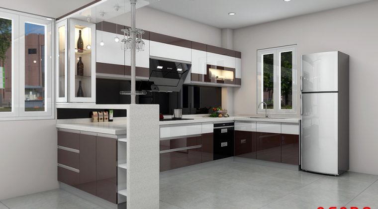 Mẫu thiết kế tủ bếp bằng gỗ Acrylic bóng gương đẹp, hiện đại, tiện nghi với quầy bar mini ấn tượng