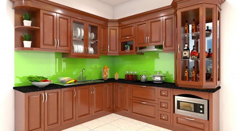 Mẫu tủ bếp gỗ tự nhiên đẹp được thiết kế theo kiểu dáng chữ L, tận dụng tối đa không gian trong nhà bếp