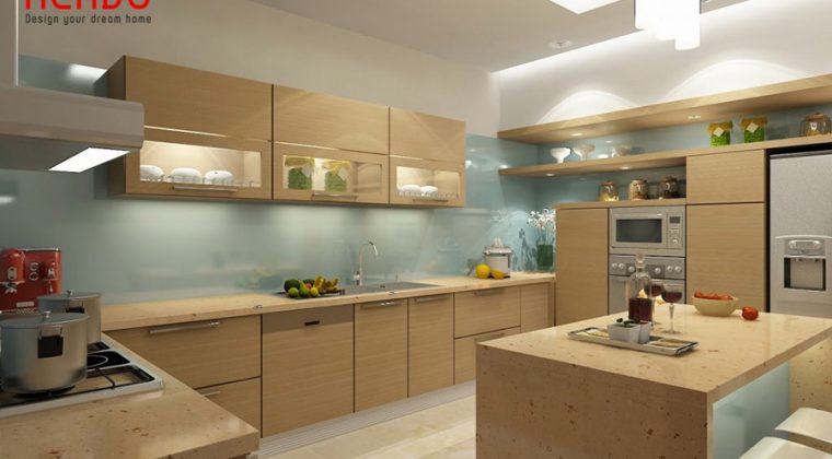 Mẫu tủ bếp Melamine có bàn đảo mang đến sự thoải mái khi sử dụng