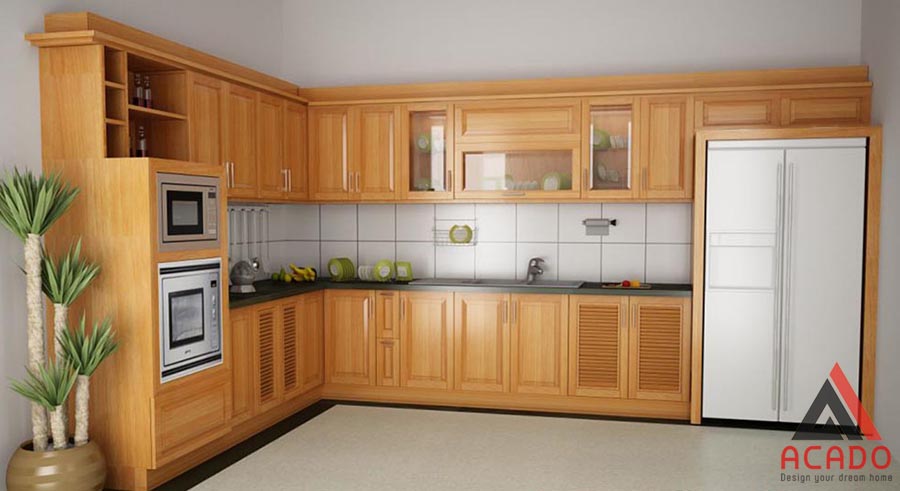 Tủ bếp gỗ sồi Mỹ mang đến cho gia đình không gian bếp vừa ấm cúng vừa sang trọng