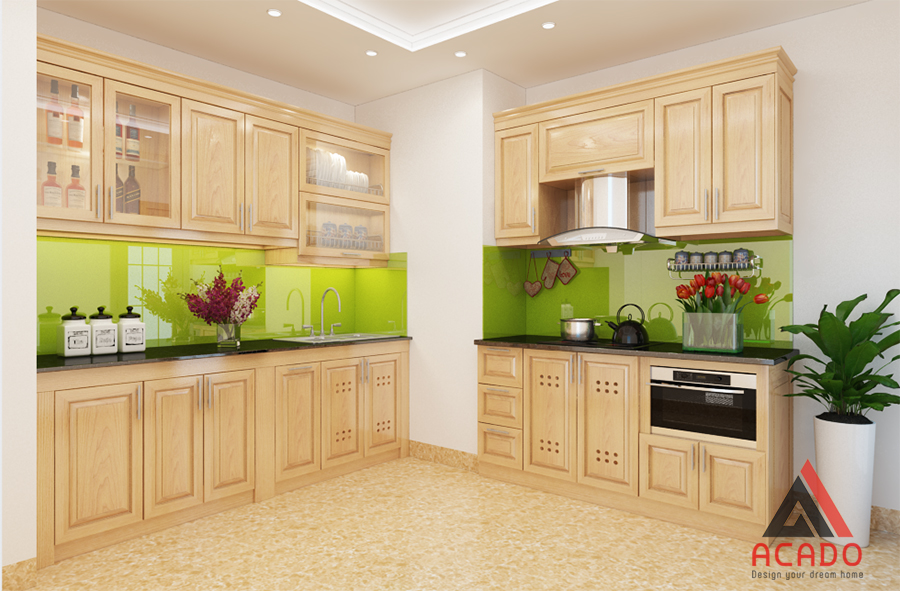 Mẫu tủ bếp được thiết kế tận dụng không gian góc của phòng với chất liệu gỗ sồi Nga