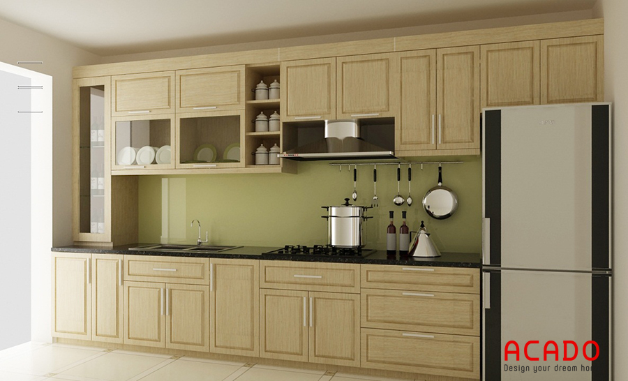 Thiết kế tủ bếp đơn giản hình chữ i bằng gỗ sồi cho không gian bếp nhỏ hẹp