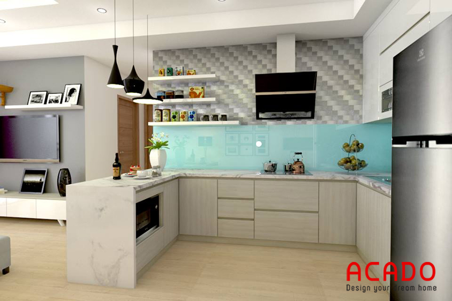 Phương án thiết kế tủ bếp Laminate với màu sắc nhẹ nhàng tạo cảm giác thoải mái mỗi khi vào bếp.