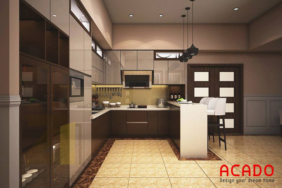 Mẫu tủ bếp Acrylic có bàn đảo mang lại không gian bếp hiện đại và tiện dụng