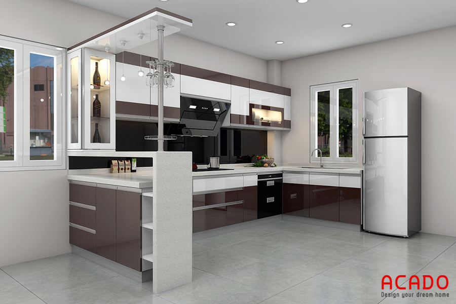 Với không gian bếp rộng rãi thì mẫu tủ bếp Acrylic có quầy bar là sự lựa chọn hoàn hảo