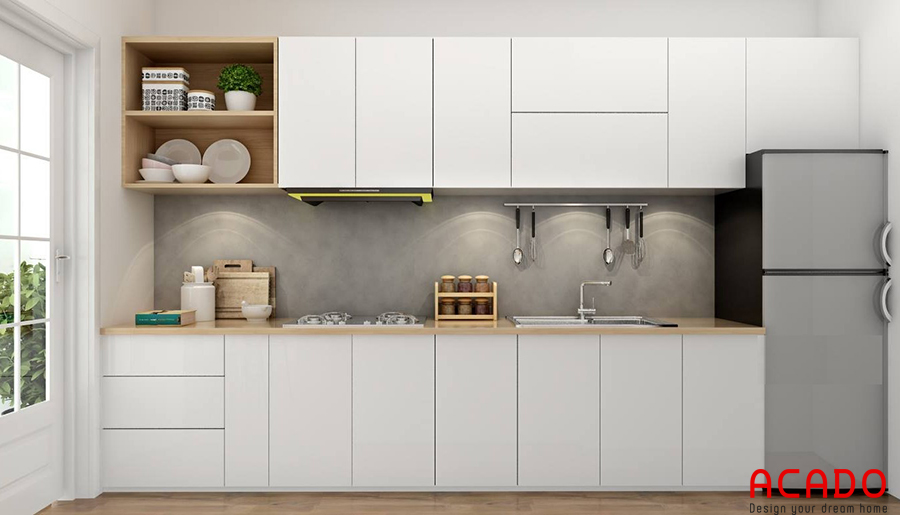 Mẫu tủ bếp Melamine màu trắng hình chữ i đơn giản mà đẹp tinh tế