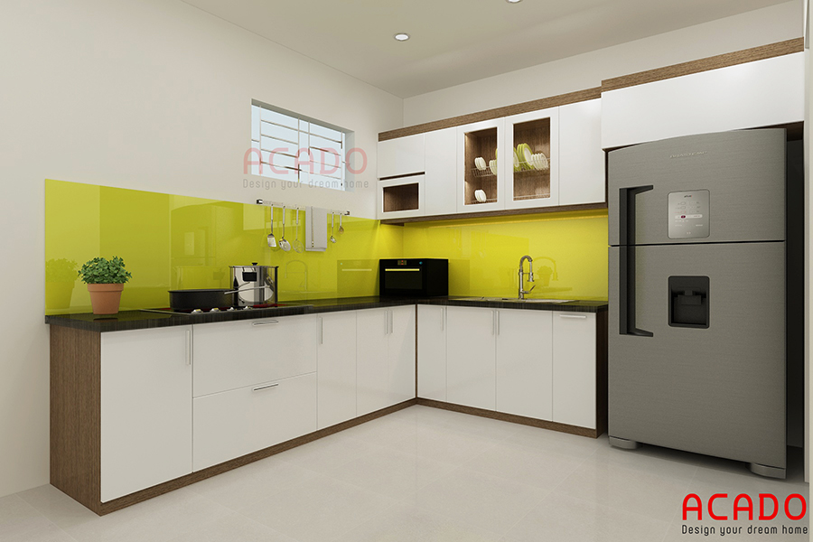 Thiết kế tủ bếp Melamine hình chữ L tận dụng không gian góc của phòng bếp