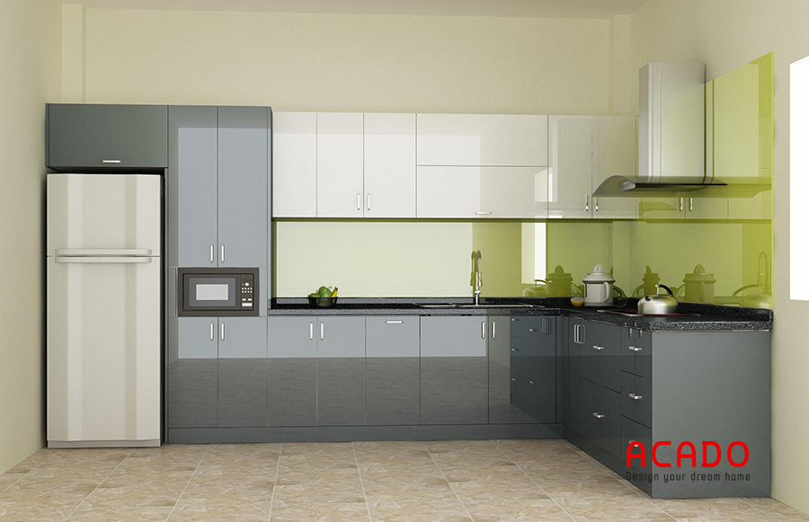 Mẫu tủ bếp với thùng inox siêu bền kết hợp cánh Acrylic màu trắng ghi đẹp từ ánh nhìn đầu tiên