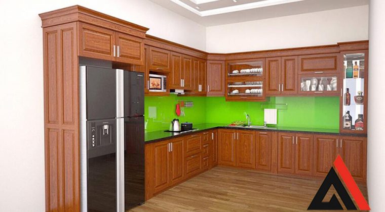 Mẫu tủ bếp kết hợp tủ lạnh hình chữ L bằng gỗ Xoan Đào sang trọng