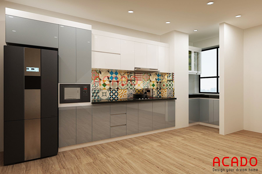 Tủ lạnh giúp bảo quản thức ăn của gia đình được thiết kế phù hợp trong bộ tủ bếp Acrylic sáng bóng