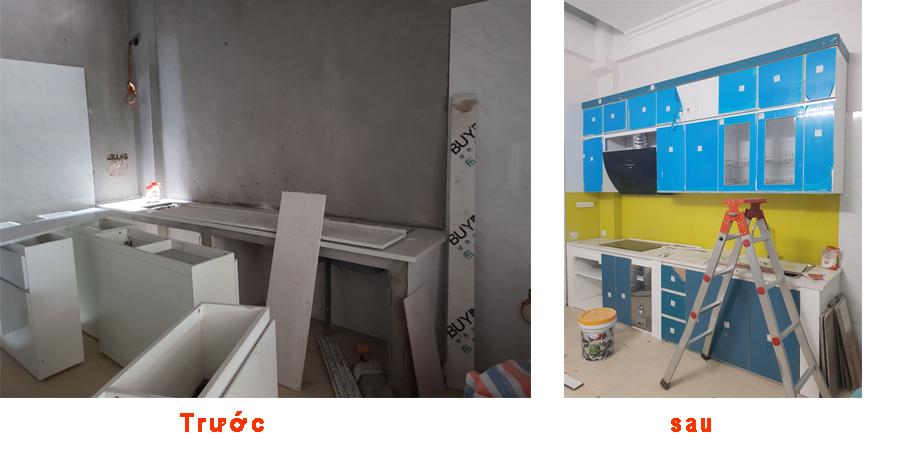 Hình ảnh gian bếp trước và sau khi thi công tủ bếp tại Văn Khê.