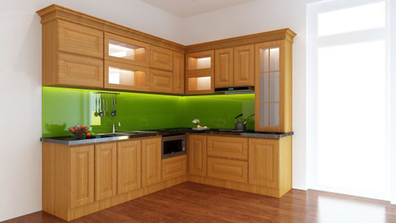 Nếu bạn có một không gian bếp vừa phải, tận dụng không gian góc thì mẫu tủ bếp này là sự lưa chọn tốt nhất