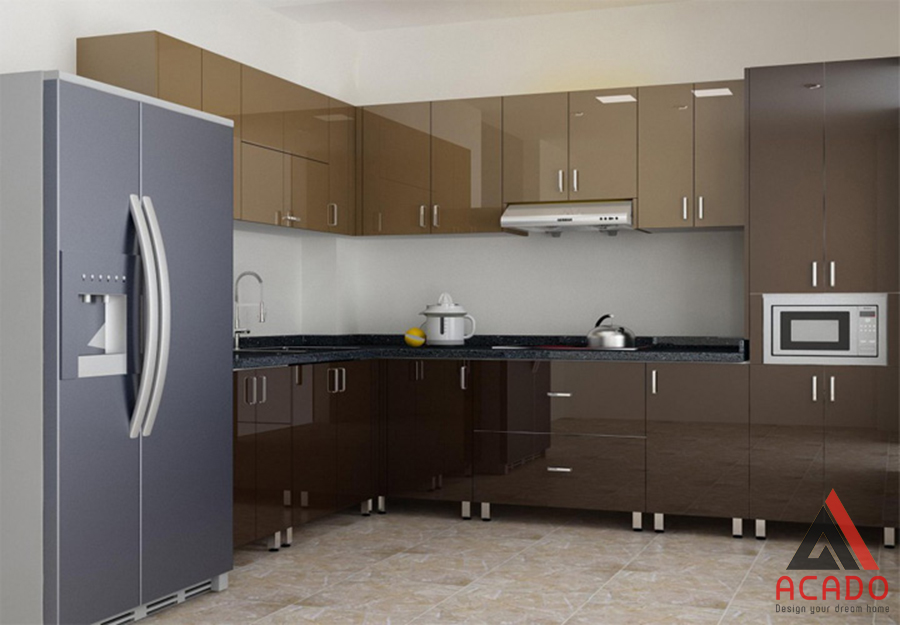 Tủ bếp thùng inox, cánh acrylic dễ dàng vệ sinh sau khi sử dụng.