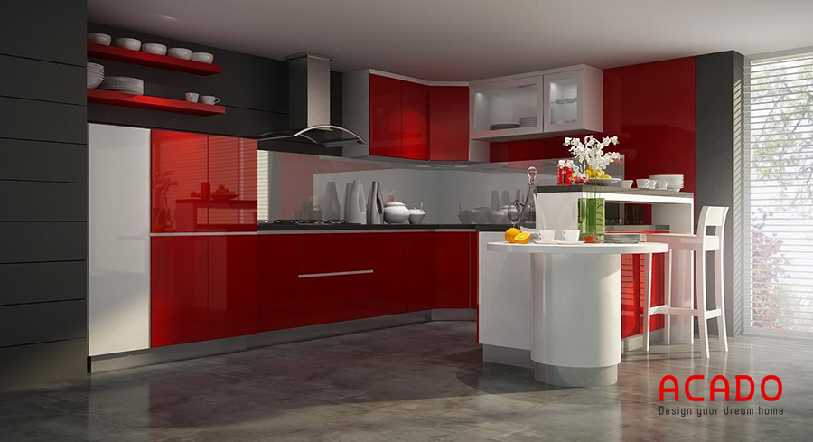 Tủ bếp thùng và khung inox, cánh acylic tông màu trắng, đỏ hiện đại và cá tính.