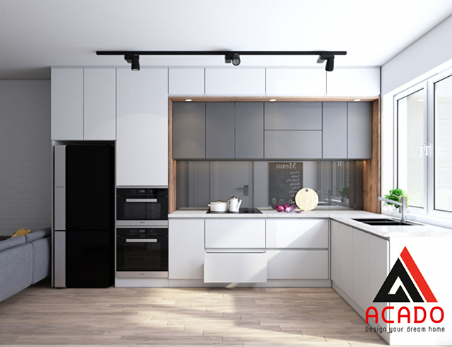 Tủ bếp màu trắng đen kiểu dáng hiện đại - nội thất Acado