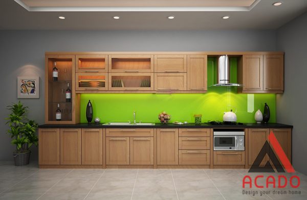 Tủ bếp gỗ sồi Mỹ dáng chữ I nhỏ gọn cho căn bếp hiện đại
