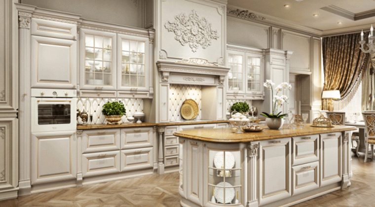 Mẫu tủ bếp tân cổ điển dáng chữ I kết hợp bàn đảo sang trọng, đẳng cấp.