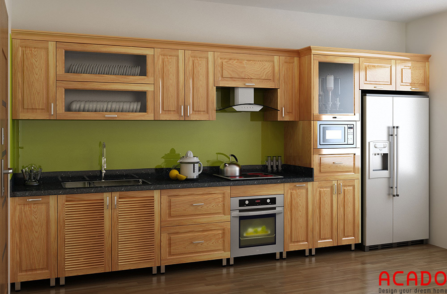 Tủ bếp inox 304 kết hợp cánh tủ gỗ Sồi Nga.